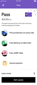 Tela de opções do Uber Pass