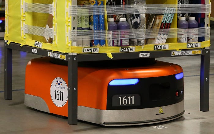 2012 - Amazon comprou a startup Kiva Systems e começou a utilizar seus robôs em seus centros de distribuição