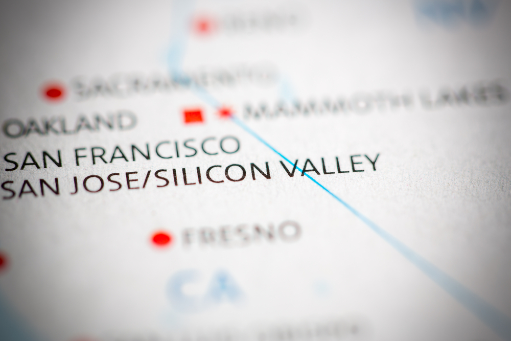Mapa demonstra Vale do Silício, situado em São Francisco, Califórnia nos EUA.